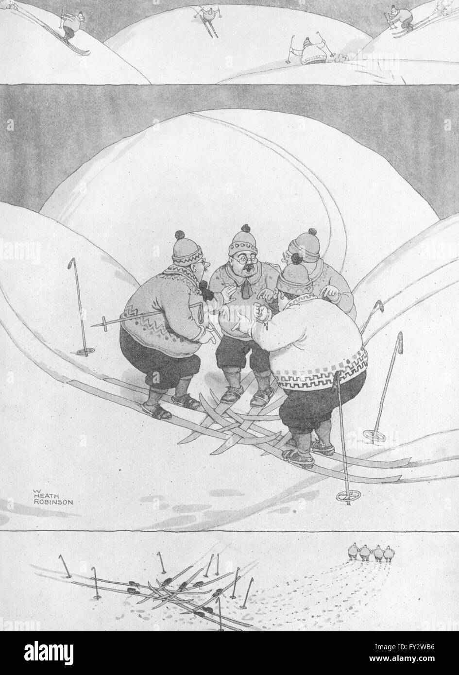 HEATH ROBINSON: Der einzige Ausweg eine peinliche Situation. Skifahren, 1935 drucken Stockfoto