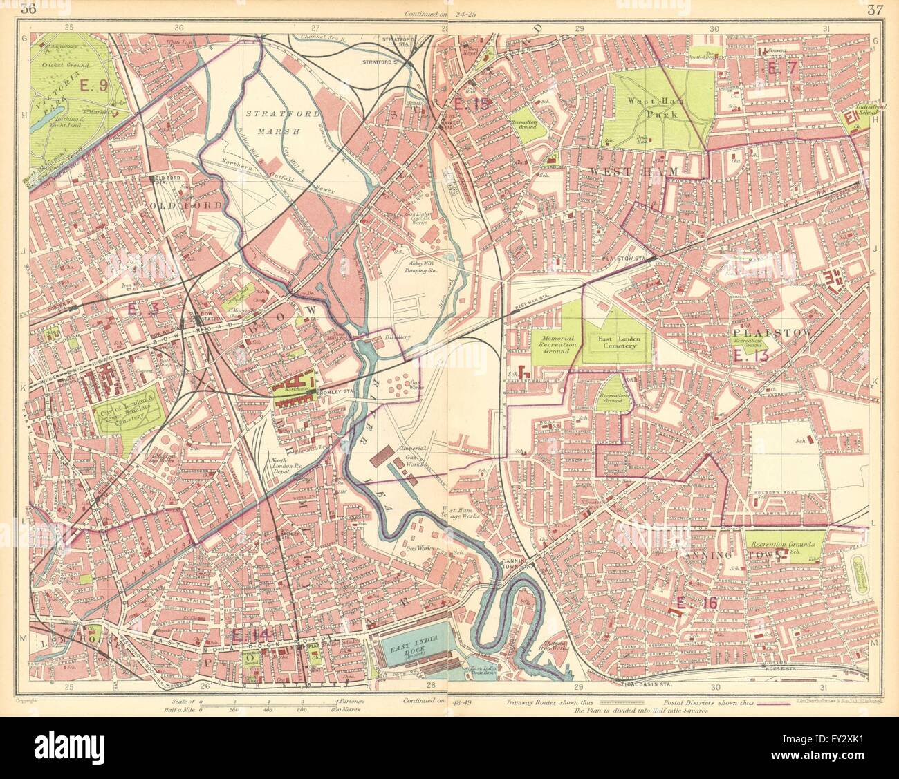 LONDON-E: Bogen West Ham Bromley Stratford Plaistow Pappel Canning Town, 1930 Karte Stockfoto