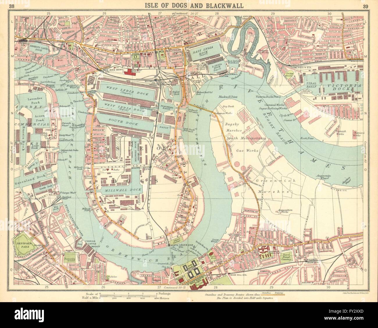 LONDON-E: Insel der Hunde Pappel Greenwich Surrey Docks Deptford, 1921 alte Karte Stockfoto