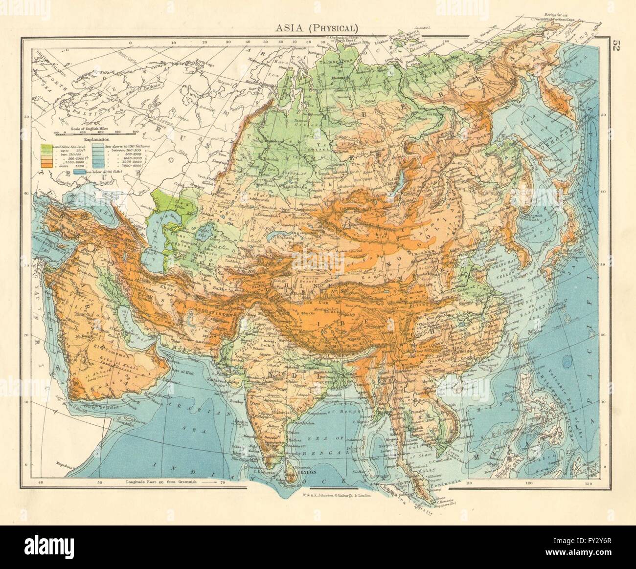 ASIENPHYSISCHE. Relief Berghöhen Meerestiefen Flüsse. JOHNSTON, 1899Karte Stockfotografie Alamy