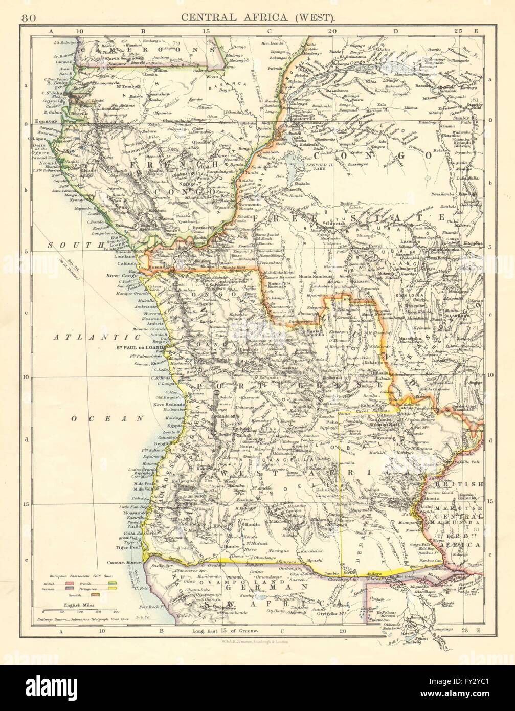 KOLONIALEN ZENTRALAFRIKA. Französisch Kongo-Freistaat portugiesischen West Af. , Karte von 1899 Stockfoto