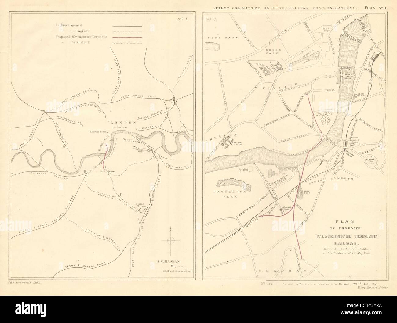 WESTMINSTER TERMINUS Bahn Pläne. Victoria Station Vorläufer. HADDAN, 1855-Karte Stockfoto