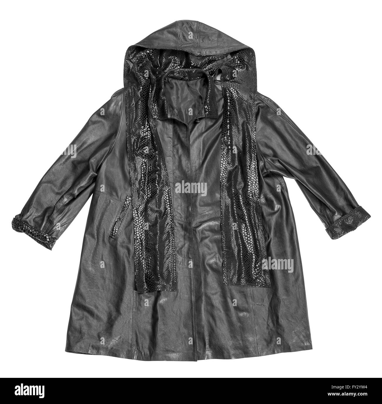 einen schwarzen luxuriösen Ledermantel für Frauen in weißen Rücken Stockfoto
