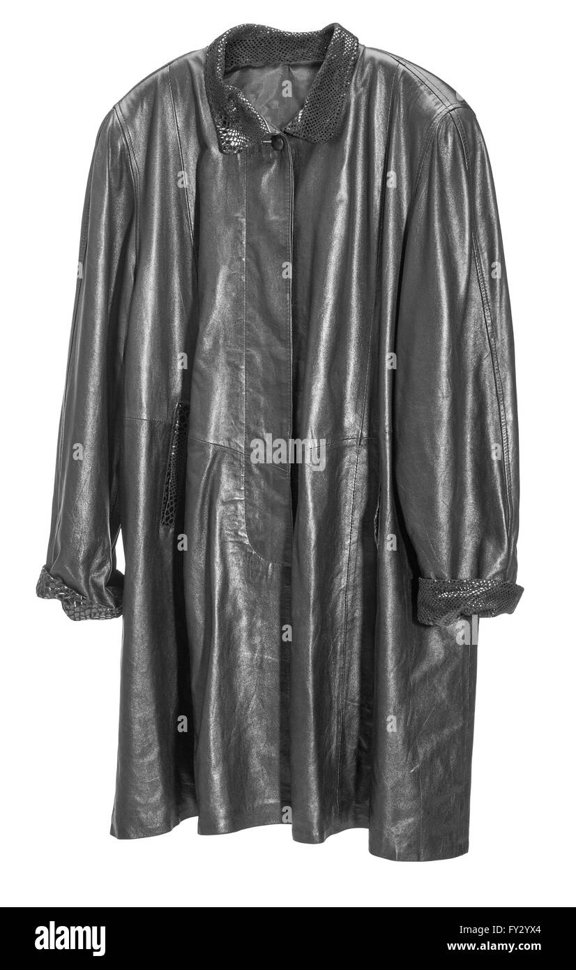 einen schwarzen luxuriösen Ledermantel für Frauen in weißen Rücken Stockfoto