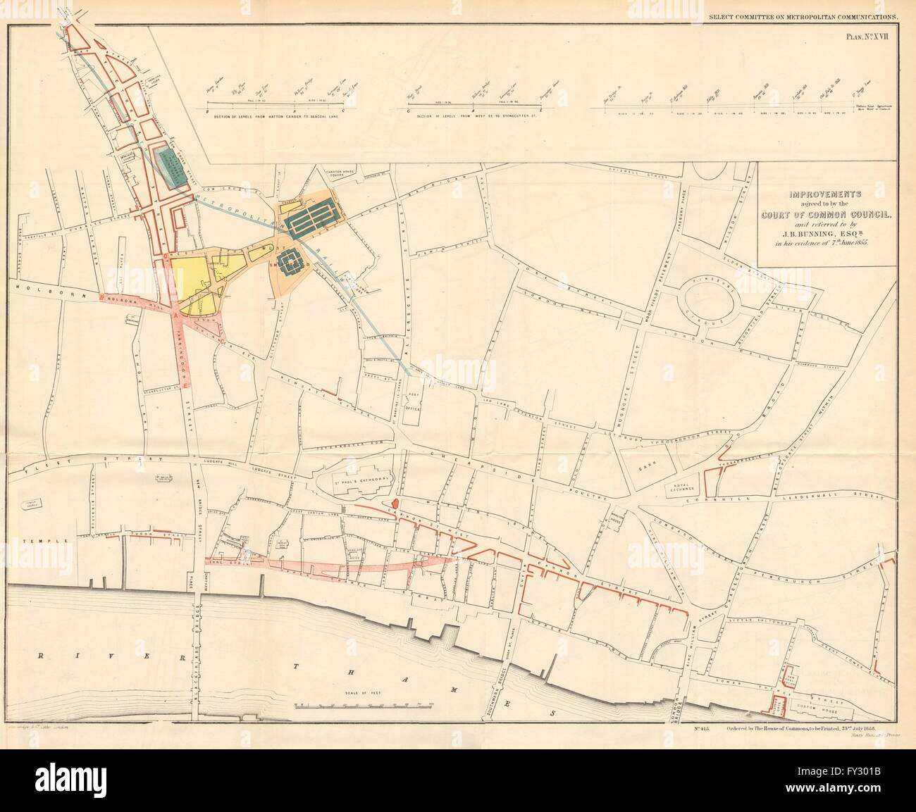 CITY OF LONDON. Queen Victoria Street/Farringdon Road plant. BUNNING, 1855-Karte Stockfoto