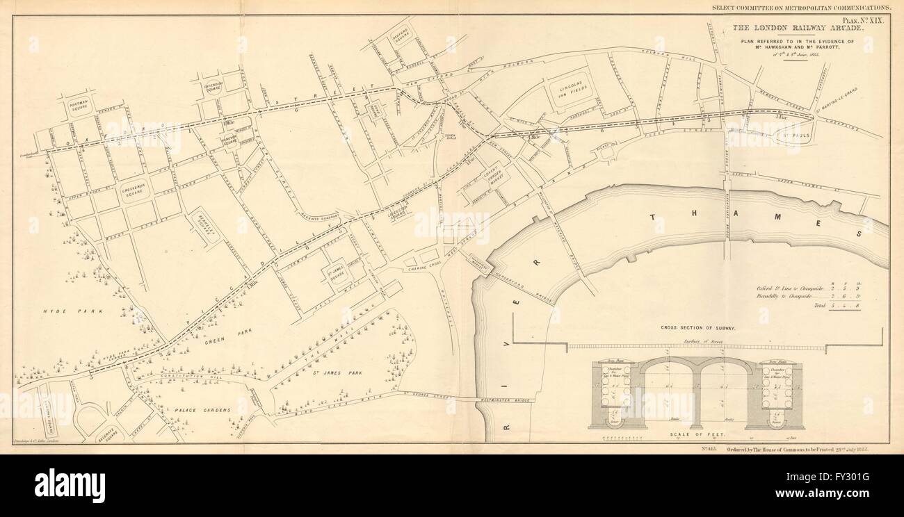 LONDON RAILWAY ARCADE. Zentrale/Piccadilly Line Vorstufe. HAWKSHAW, 1855-Karte Stockfoto
