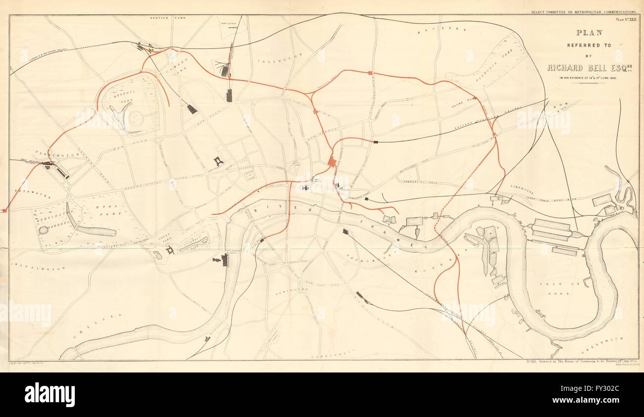 Vorgeschlagene London Eisenbahn auf REGENT es CANAL Route. RICHARD BELL, 1855-Karte Stockfoto