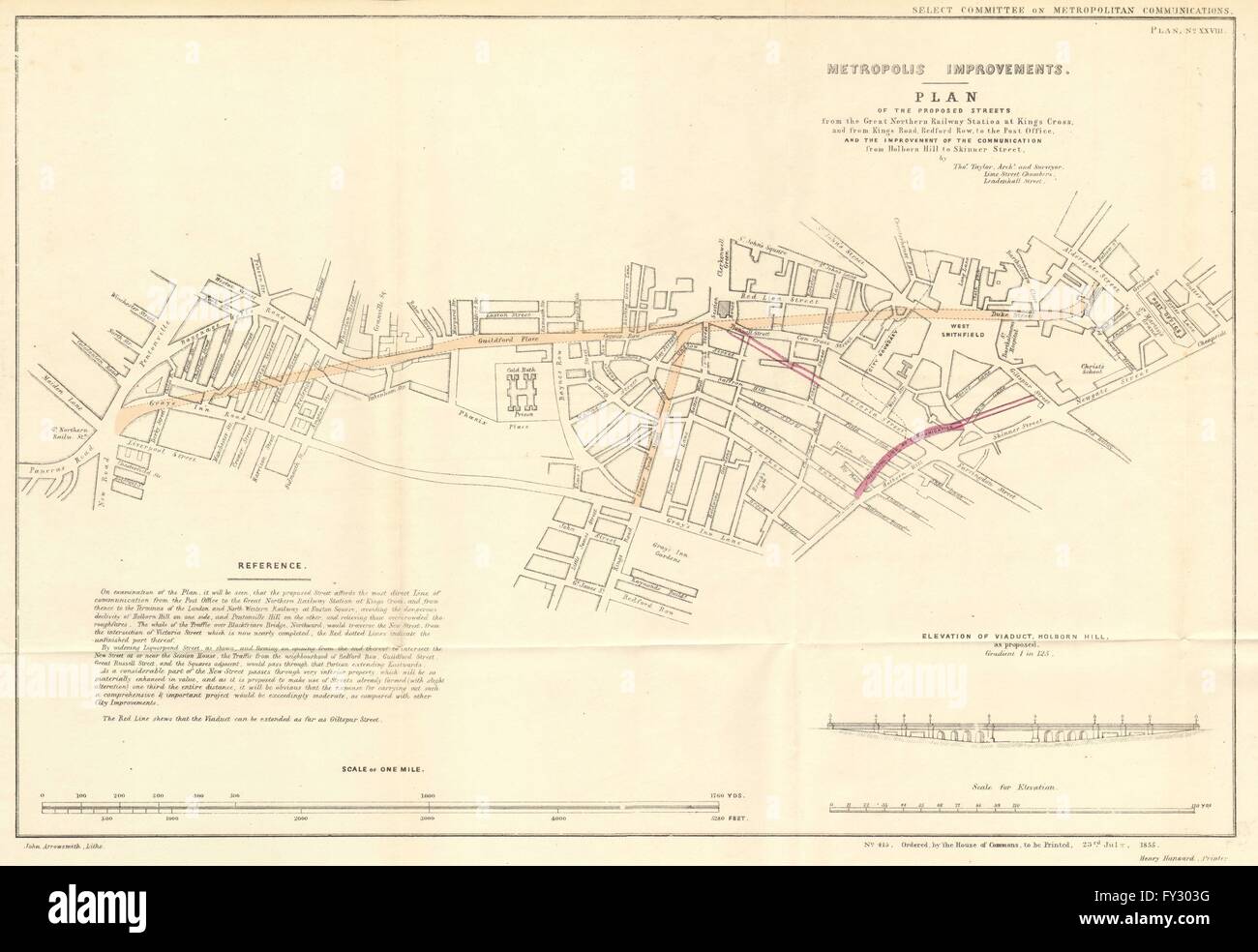 Street Kings Cross-St Paul vorgeschlagen. FARRINGDON ROAD. Thos TAYLOR, 1855-Karte Stockfoto