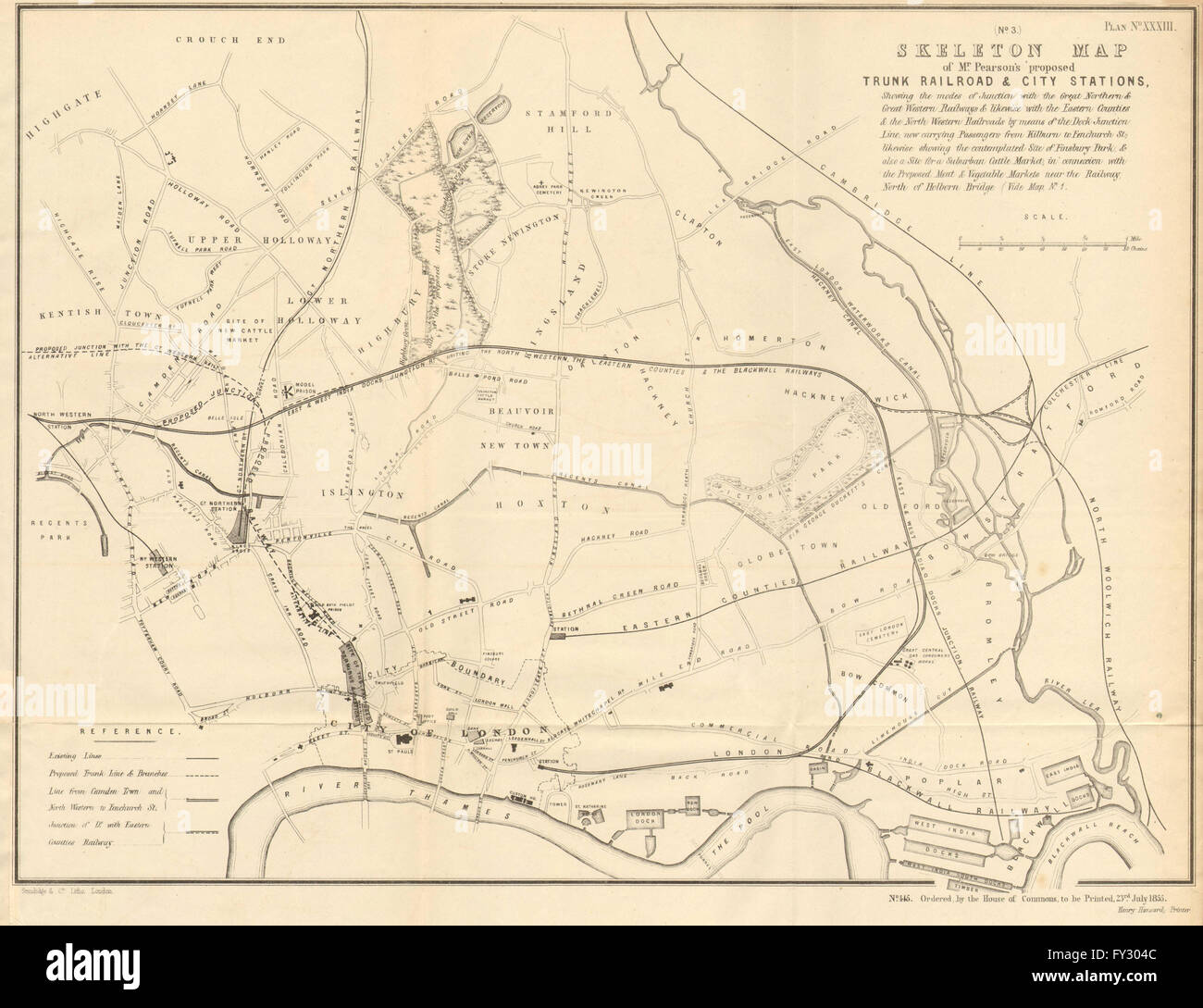 CHARLES PEARSONs Eisenbahn link Kings Cross-Stadt Terminus/Farringdon, 1855-Karte Stockfoto