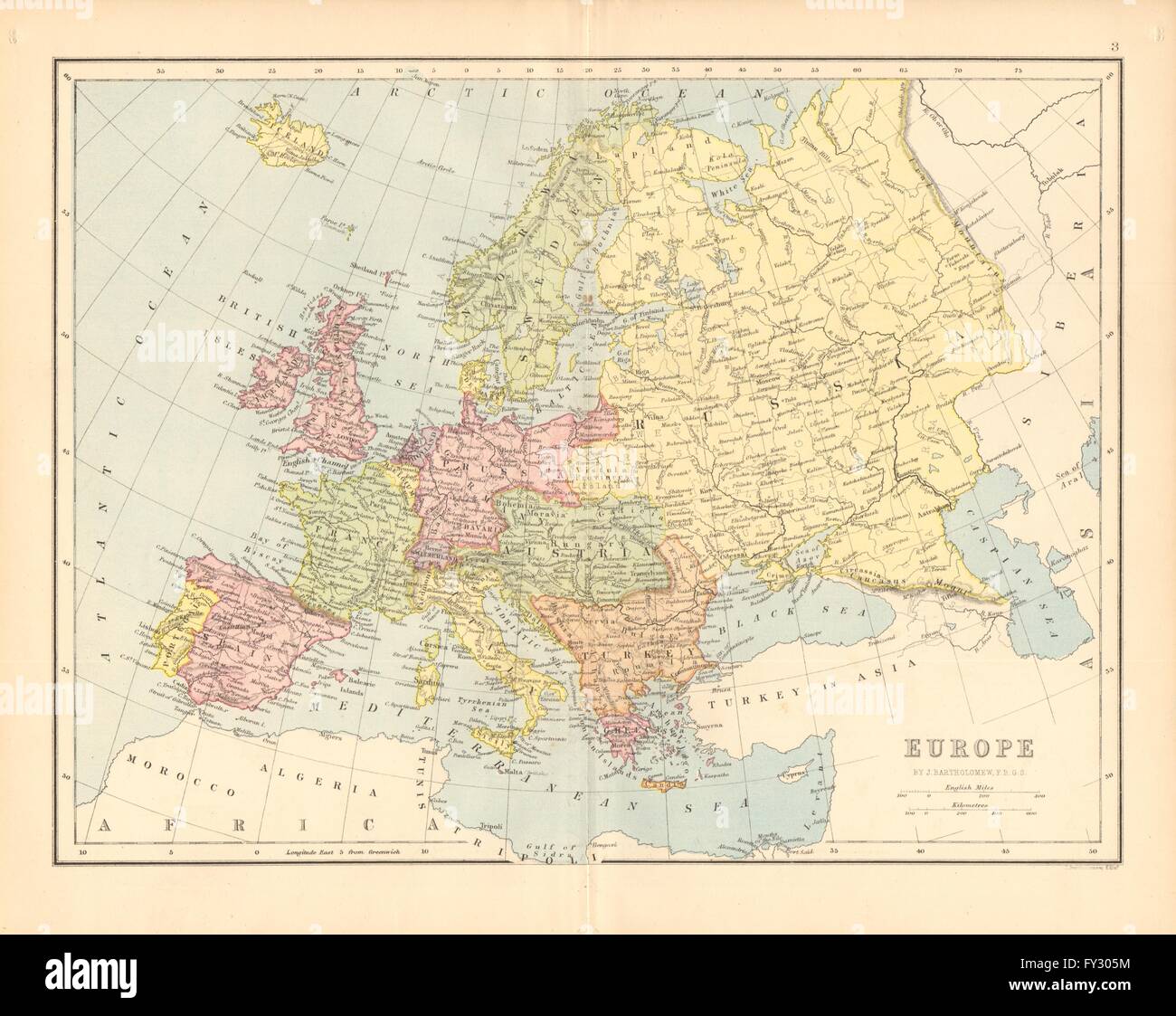 EUROPA. Preußen. Die Türkei in Europa. Bartholomäus, 1876 Antike Landkarte Stockfoto