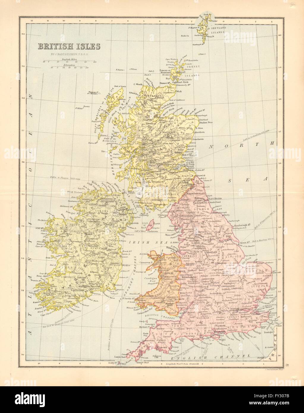 BRITISCHEN INSELN. England-Irland-Schottland-Wales. Bartholomäus, 1876 Antike Landkarte Stockfoto