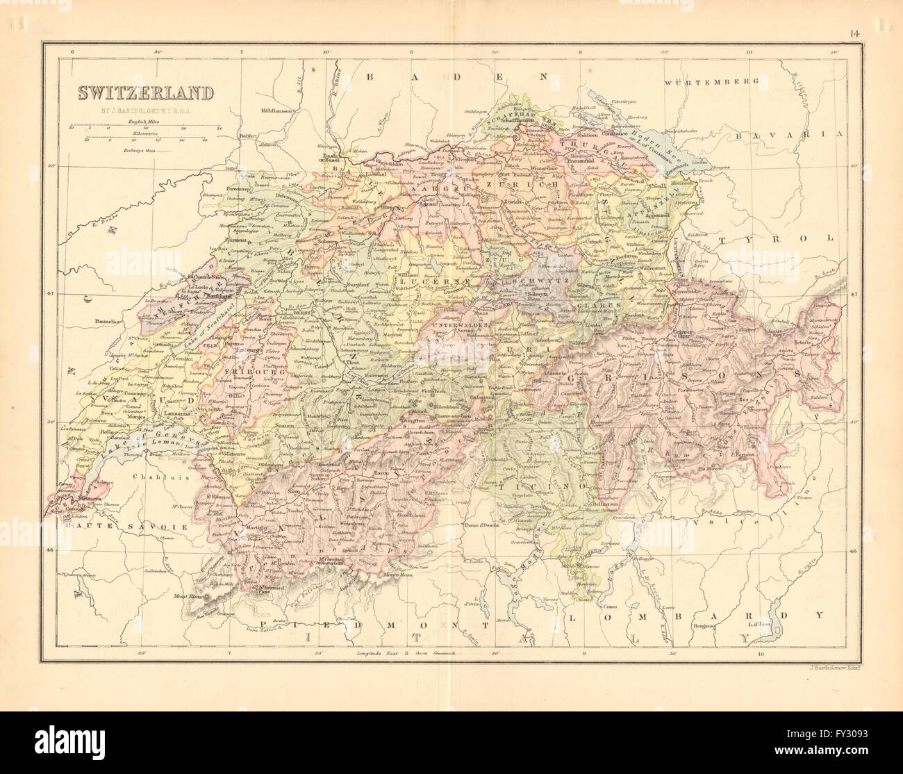 "Schweiz". Kantone. Eisenbahnen. Bartholomäus, 1876 Antike Landkarte Stockfoto