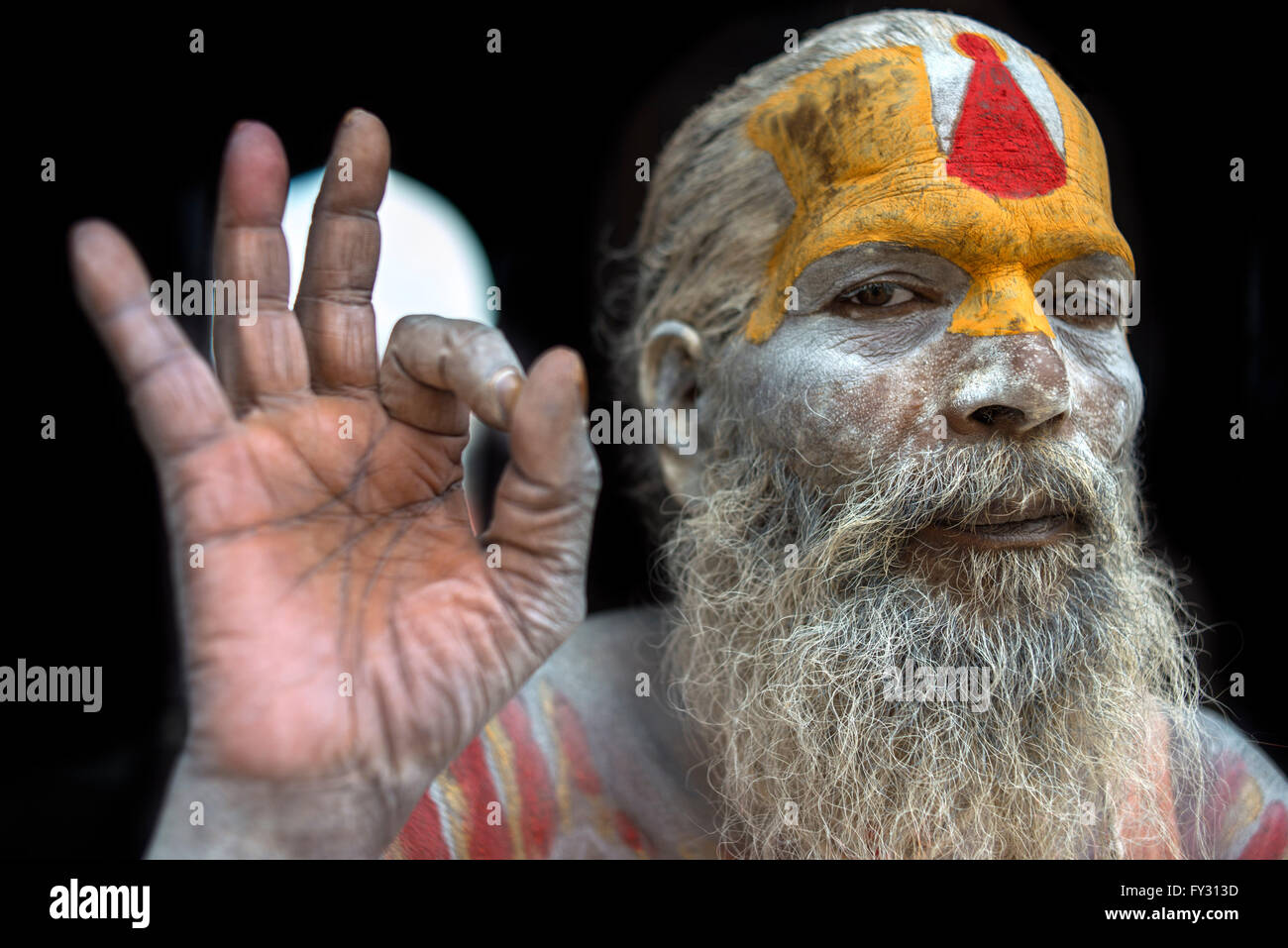 Porträt eines Sadhu in Pashupatinath, Nepal. Der Ort der Feuerbestattungen durch den Bagmati-Fluss. Heiliger Mann Sadhu bunt Painte Stockfoto