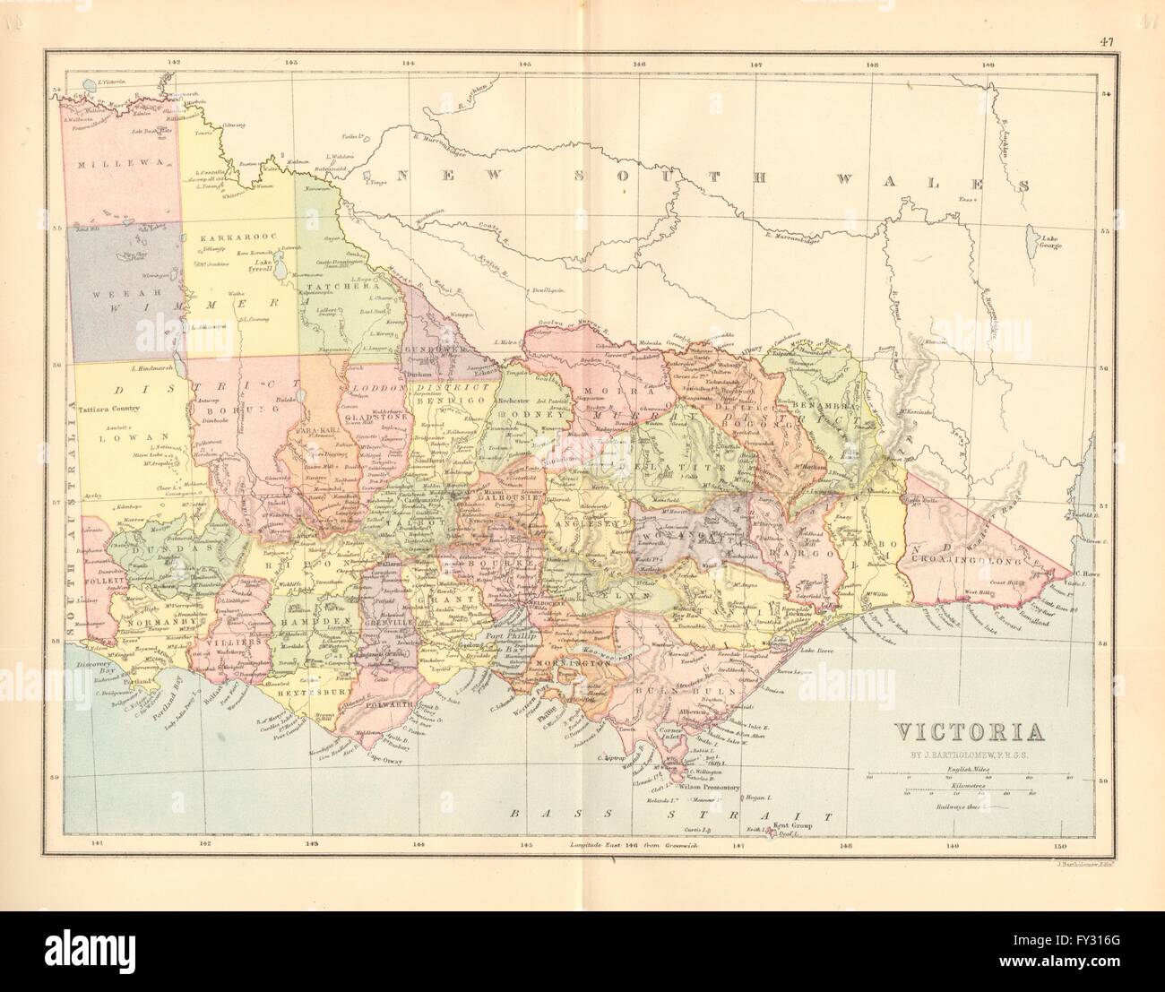 VICTORIA, AUSTRALIEN. Staatliche Karte mit Landkreisen & Eisenbahnen. BARTHOLOMÄUS, 1876 Stockfoto