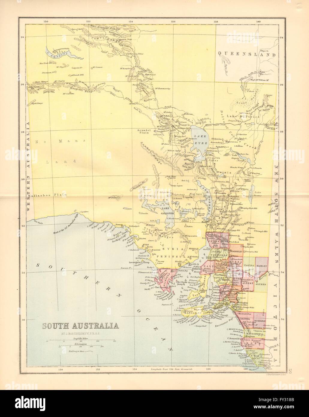 SOUTH AUSTRALIA. Staatliche Karte zeigt 24 Grafschaften. Eisenbahnen. Adelaide, 1876 Stockfoto