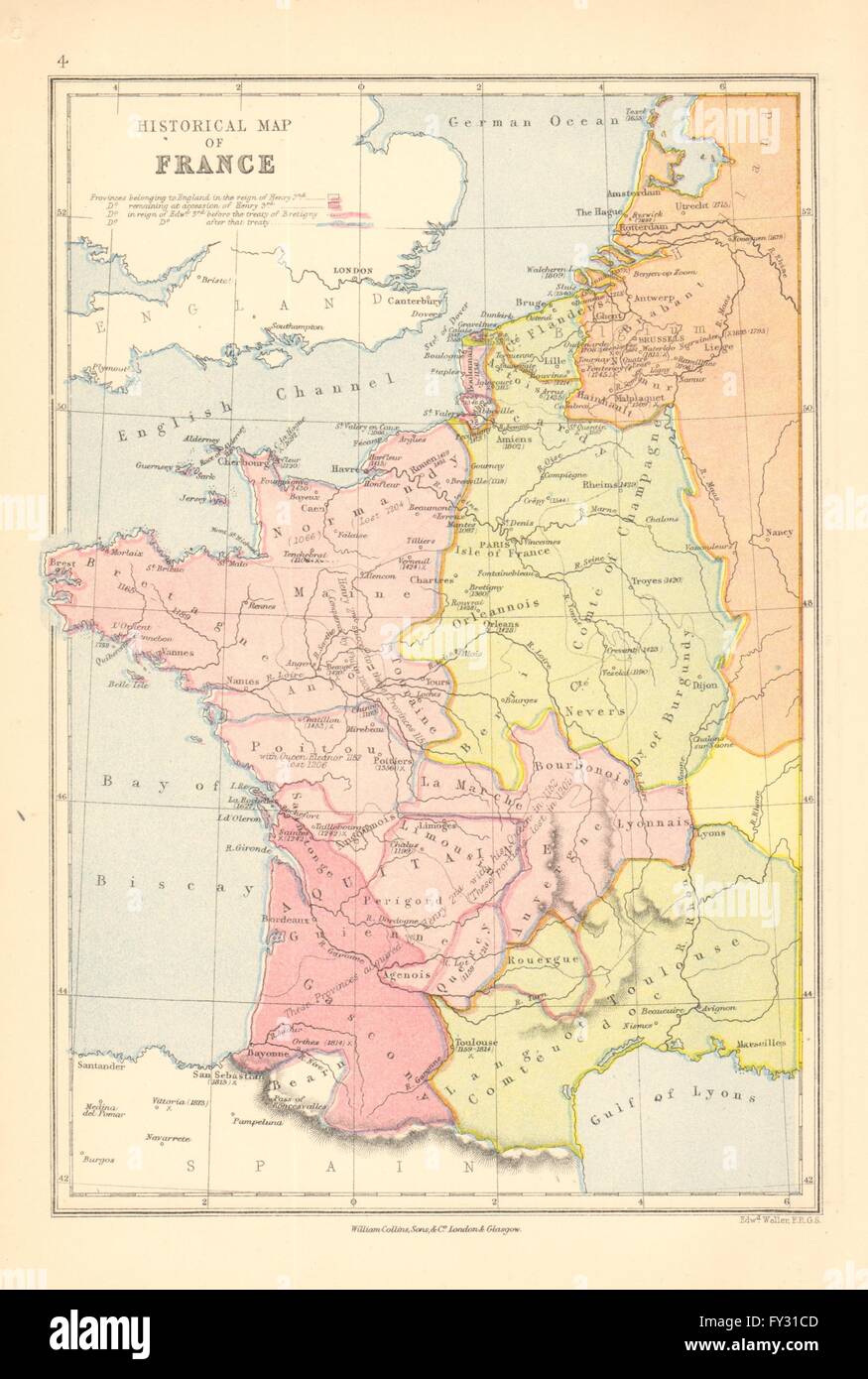 FRANKREICH HISTORISCHE. Englische Territorien unter Henry II III Edward III, 1876-Karte Stockfoto
