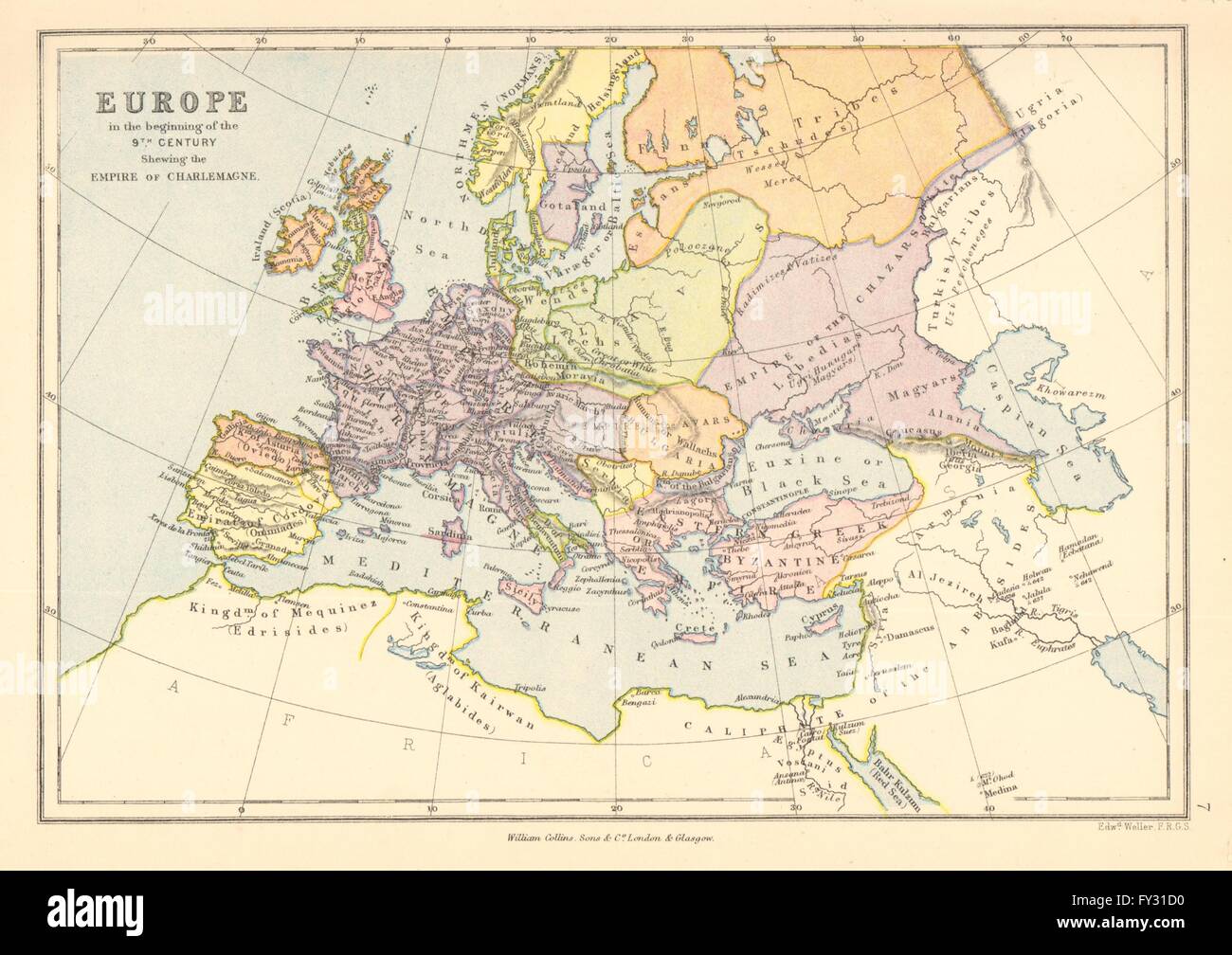 REICH KARLS DES GROßEN. "Europa am Anfang des 9. Jahrhunderts", 1876 Karte Stockfoto