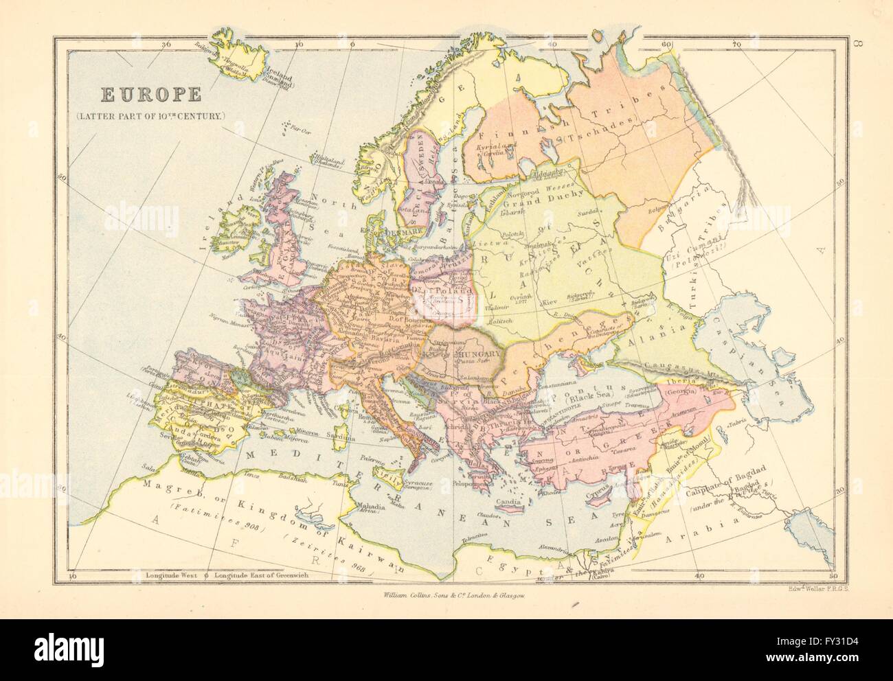 "Europa (letztere Teil des 10. Jahrhunderts)". Bartholomäus, 1876 Antike Landkarte Stockfoto