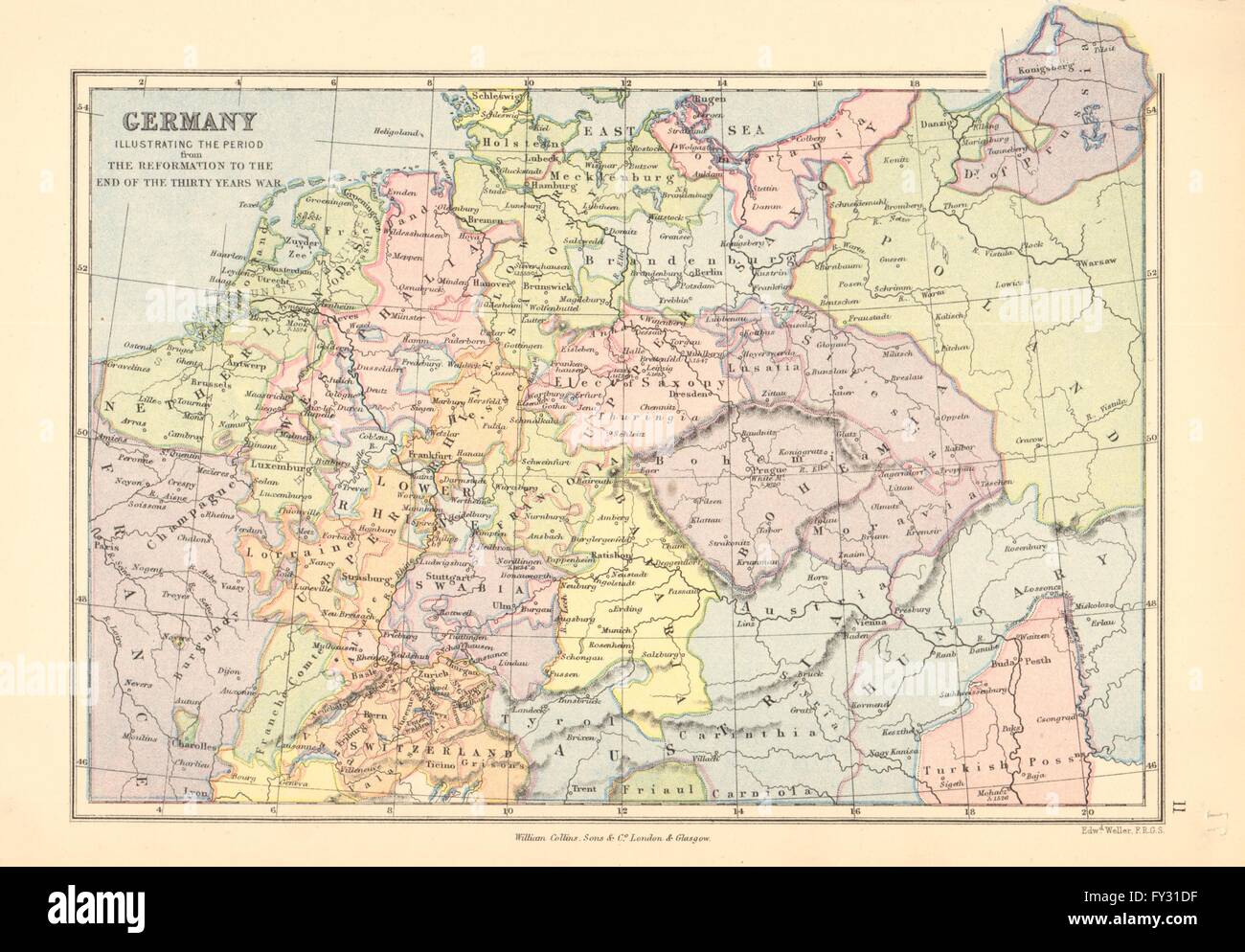 Deutschland. "Von der Reformation bis zum Ende des Dreißigjährigen Krieges", 1876 Karte Stockfoto