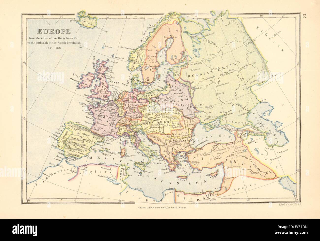 EUROPA 1648-1789. Ende des Dreißigjährigen Krieges bis zur französischen Revolution, 1876-Karte Stockfoto