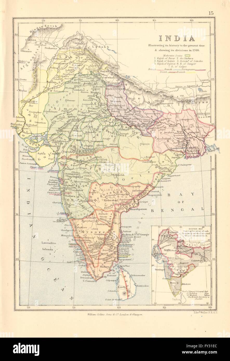 INDIEN IM JAHRE 1760. Britisch Französisch Niederländisch Portugiesisch Dänisch. Bartholomäus, 1876-Karte Stockfoto