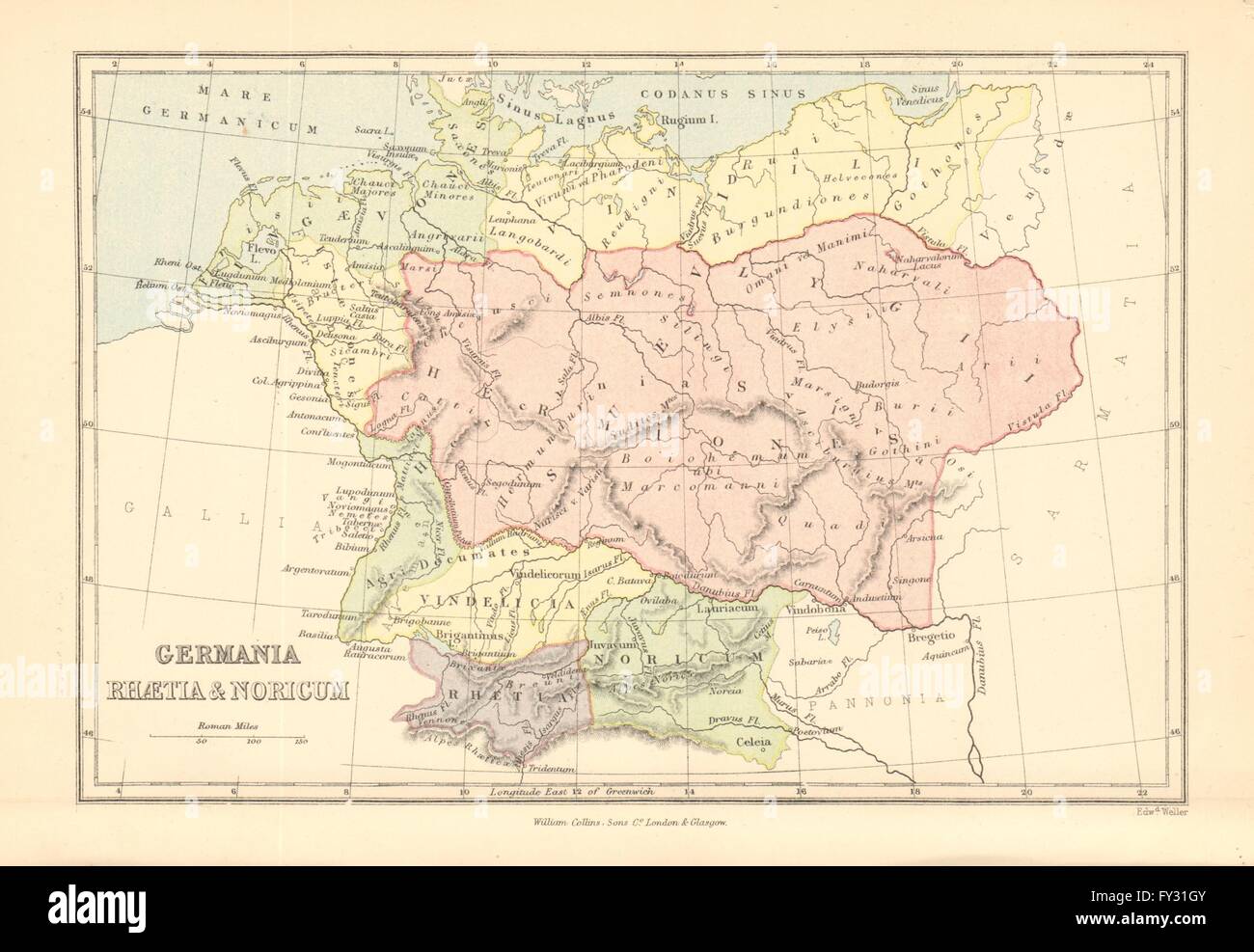 ALT-DEUTSCHLAND. "Germania Rhaetia & Noricum". Römische Provinzen, 1876 alte Karte Stockfoto