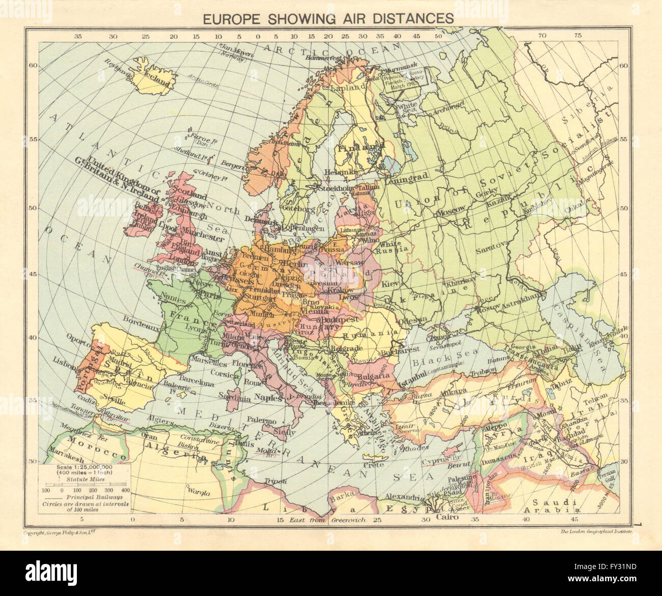 Zweiter Weltkrieg: Europa zeigt Flugdistanzen. Besetzten Polen, 1940 alte Karte Stockfoto
