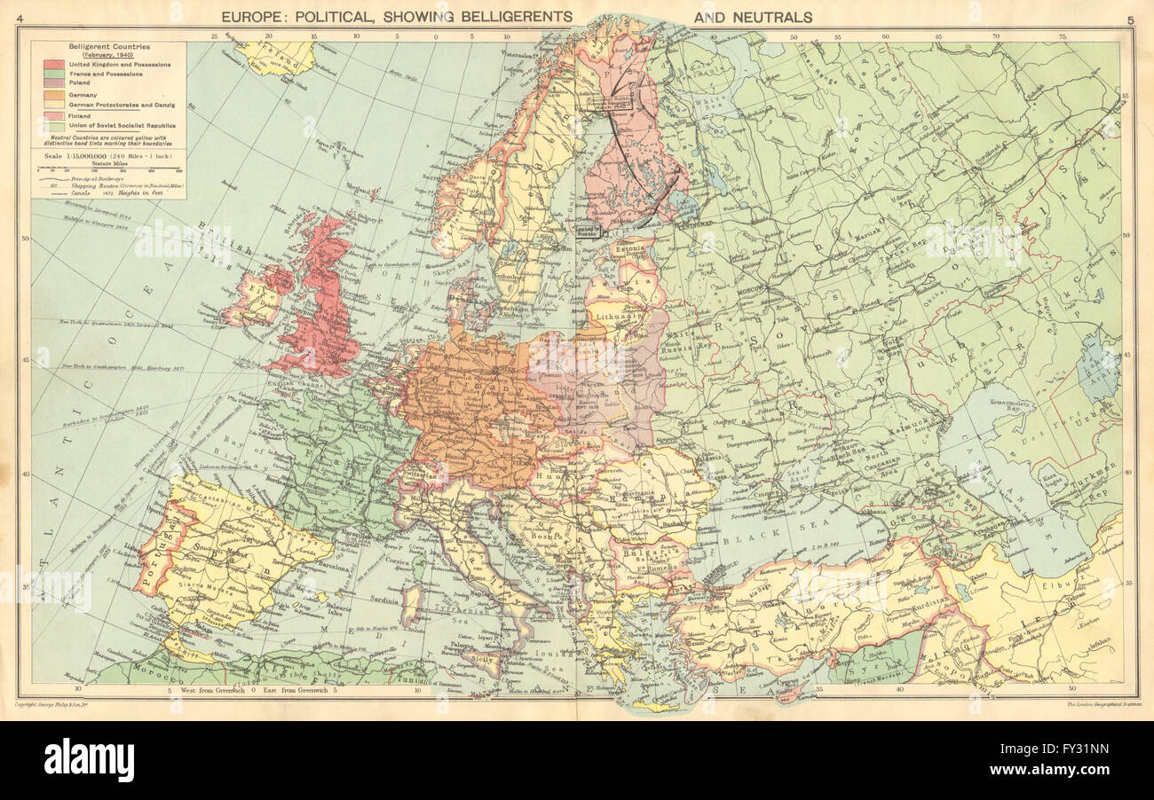 1940-EUROPA: WW2. Kriegführenden Parteien/neutralen besetzten Polen/Finnland Albanien, 1940 Karte Stockfoto