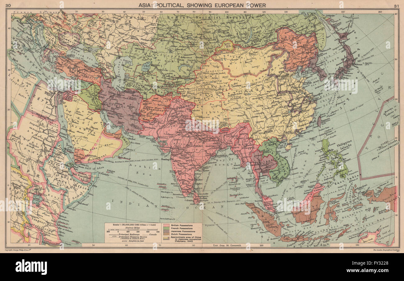 WW2-Asien: Europäische Kolonien. Japanisch besetzten China. Manchukuo, 1940 alte Karte Stockfoto