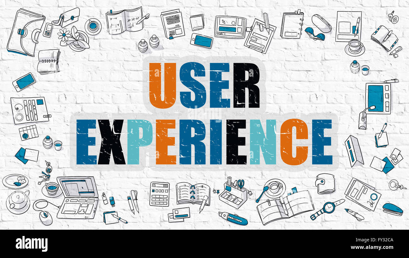Multicolor User Experience auf weißen Brickwall. Doodle-Stil. Stockfoto