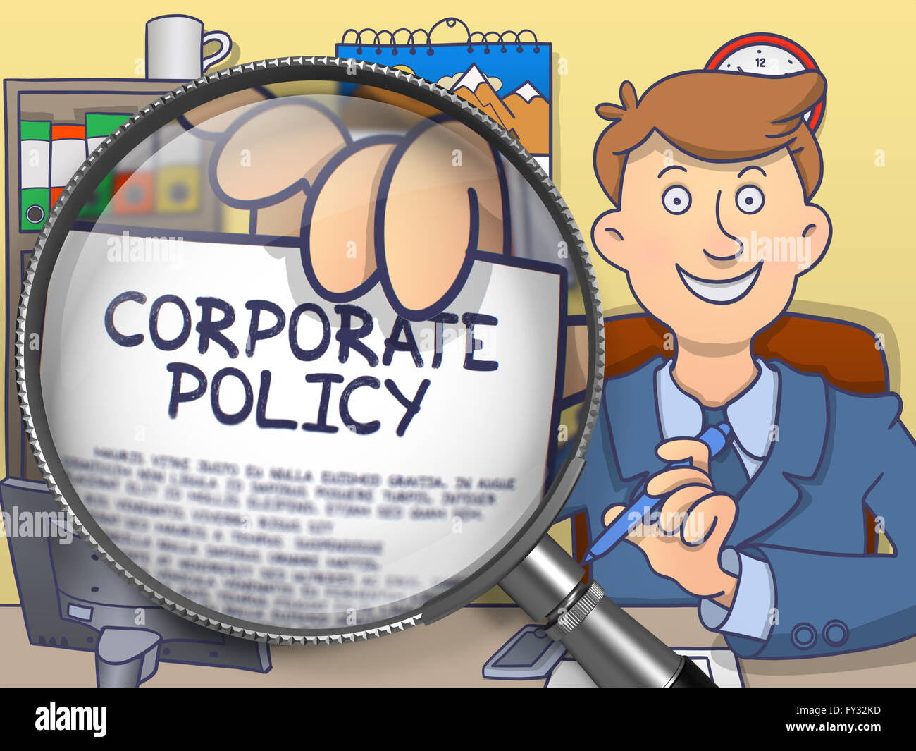 Unternehmenspolitik durch Linse. Doodle-Stil. Stockfoto