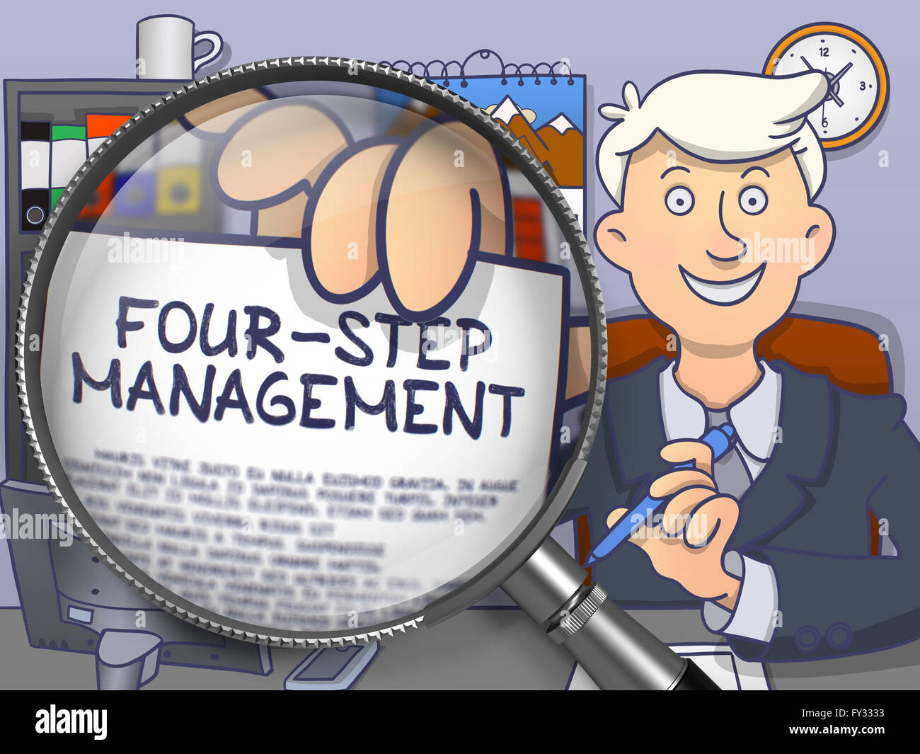 Vier-Stufen-Management durch Linse. Doodle-Stil. Stockfoto