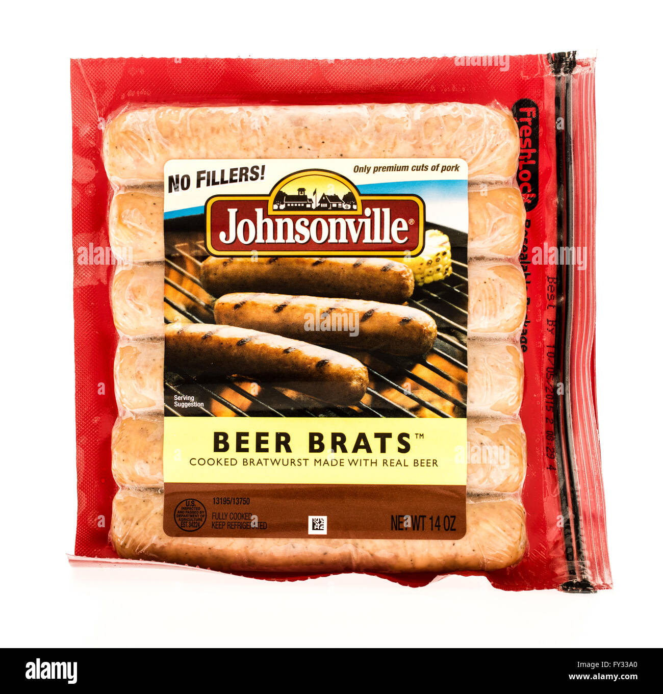 Winneconne, Wisconsin - 7. August 2015: Paket Johnsonville Bier Gören Stockfoto