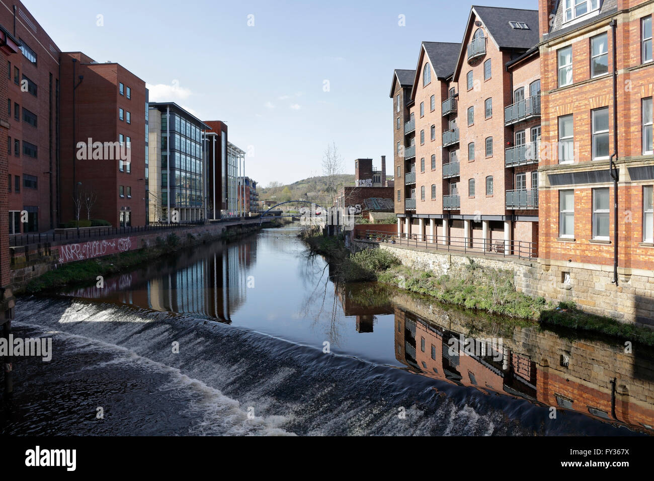 River Don stromaufwärts von Lady's Bridge Sheffield England, Großbritannien, Wohnhäuser am Ufer des Flusses Stockfoto