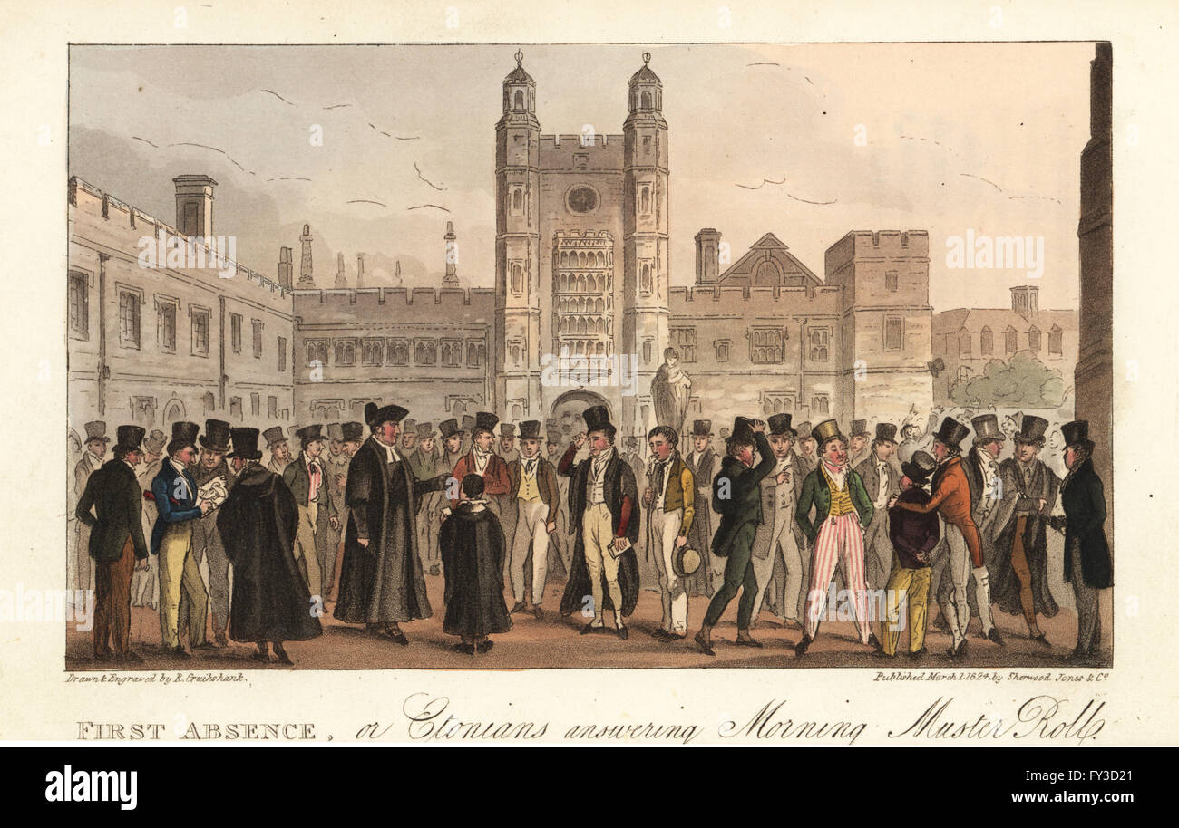 Musterrolle Anruf Boys bei Eton Public School, Regency-Ära. Ersten Abwesenheit oder Etonians Morgen Muster Rolls zu beantworten. Handkoloriert Kupferstich gezeichnet und gestochen von Robert Cruikshank aus der englischen Spion, London, 1825. Geschrieben von Bernard Blackmantle, ein Pseudonym für Charles Molloy Westmacott. Stockfoto