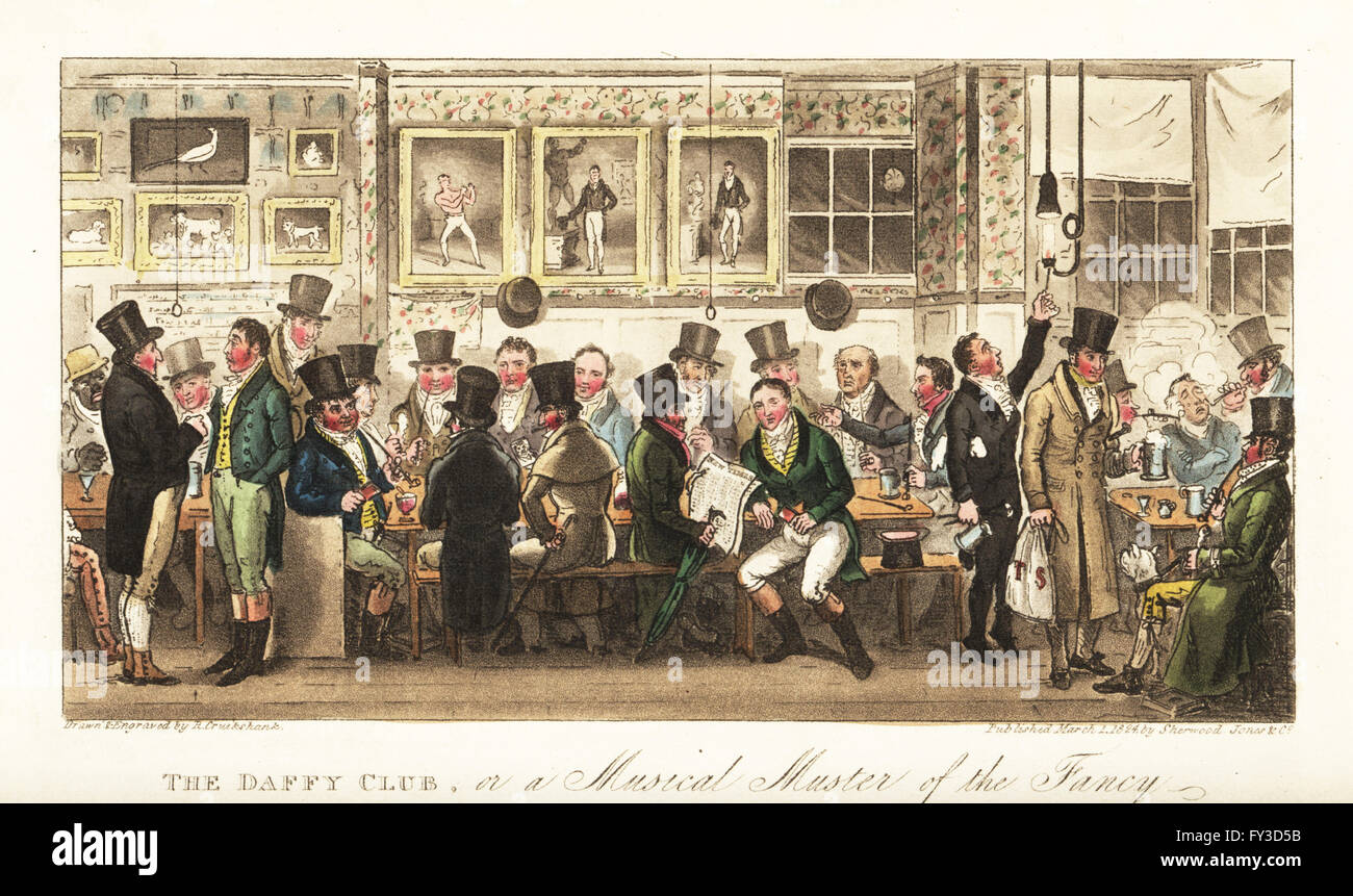 Regency Herren trinken Gin im Club Daffy, statt in Tom Belchers Burgschenke, Holborn. Gemälde der berühmten Boxer, darunter John Jackson, Daniel Mendoza, Tom Cribb und die Kämpfe Hund treuer. Die Daffy Club oder eine musikalische Muster der Phantasie. Handkoloriert Kupferstich gezeichnet und gestochen von Robert Cruikshank aus der englischen Spion, London, 1825. Geschrieben von Bernard Blackmantle, ein Pseudonym für Charles Molloy Westmacott. Stockfoto