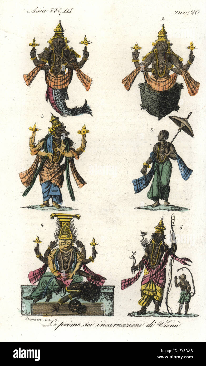 Die ersten sechs Inkarnationen des Hindu-Gottes Vishnu. Handkoloriert Kupferstich gezeichnet und gestochen von Andrea Bernieri aus Giulio Ferrarios Antike und moderne Kostüme aller Völker der Welt, Florenz, Italien, 1844. Stockfoto