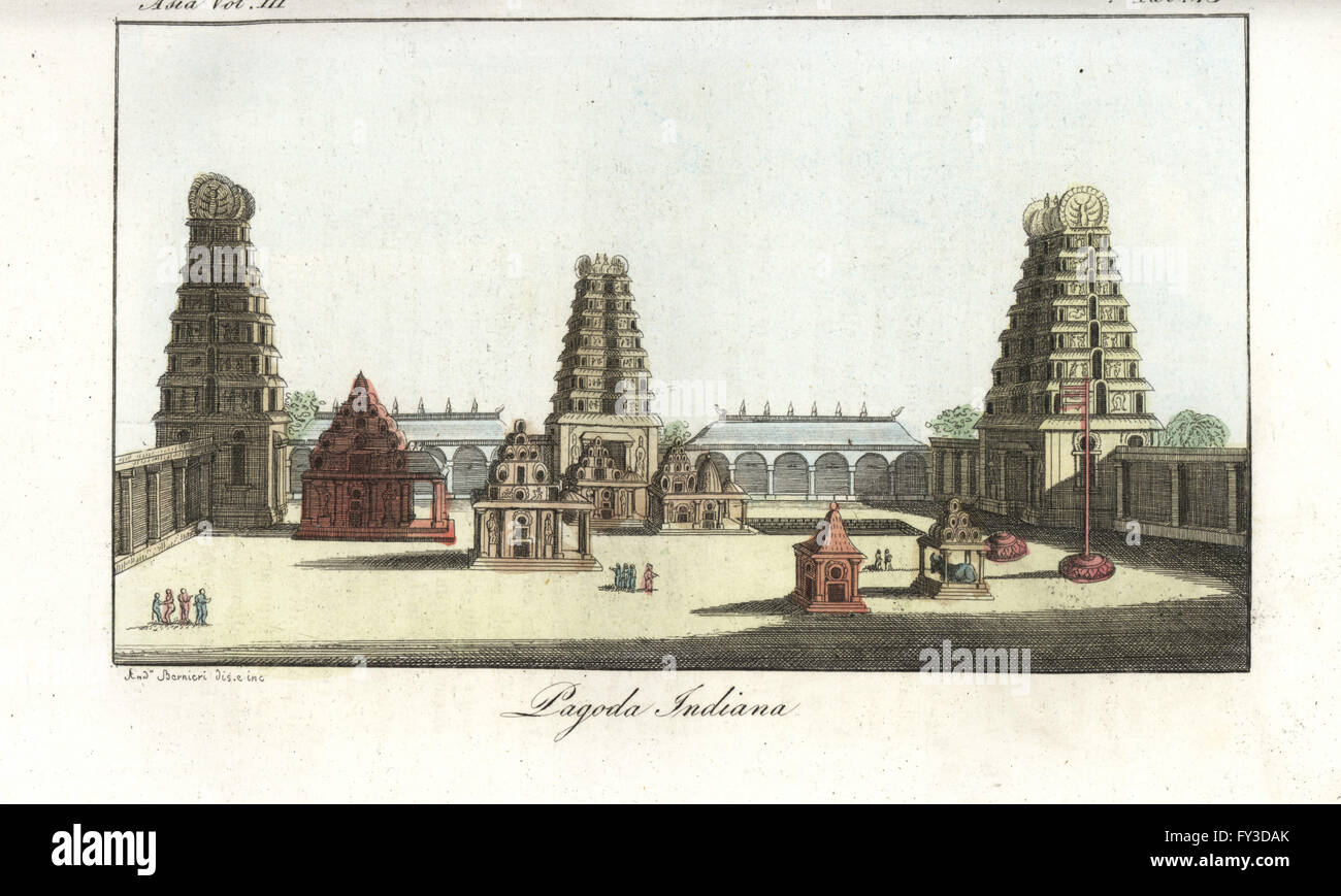 Indischen Pagoden zu Vishnu und Lakshmi in einem hinduistischen Tempel Verbindung. Handkoloriert Kupferstich gezeichnet und gestochen von Andrea Bernieri aus Giulio Ferrarios Antike und moderne Kostüme aller Völker der Welt, Florenz, Italien, 1844. Stockfoto