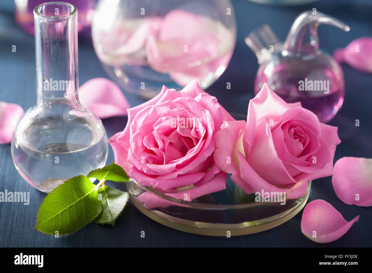 Alchemie und Aromatherapie mit Rosenblüten und chemische Fläschchen Stockfoto