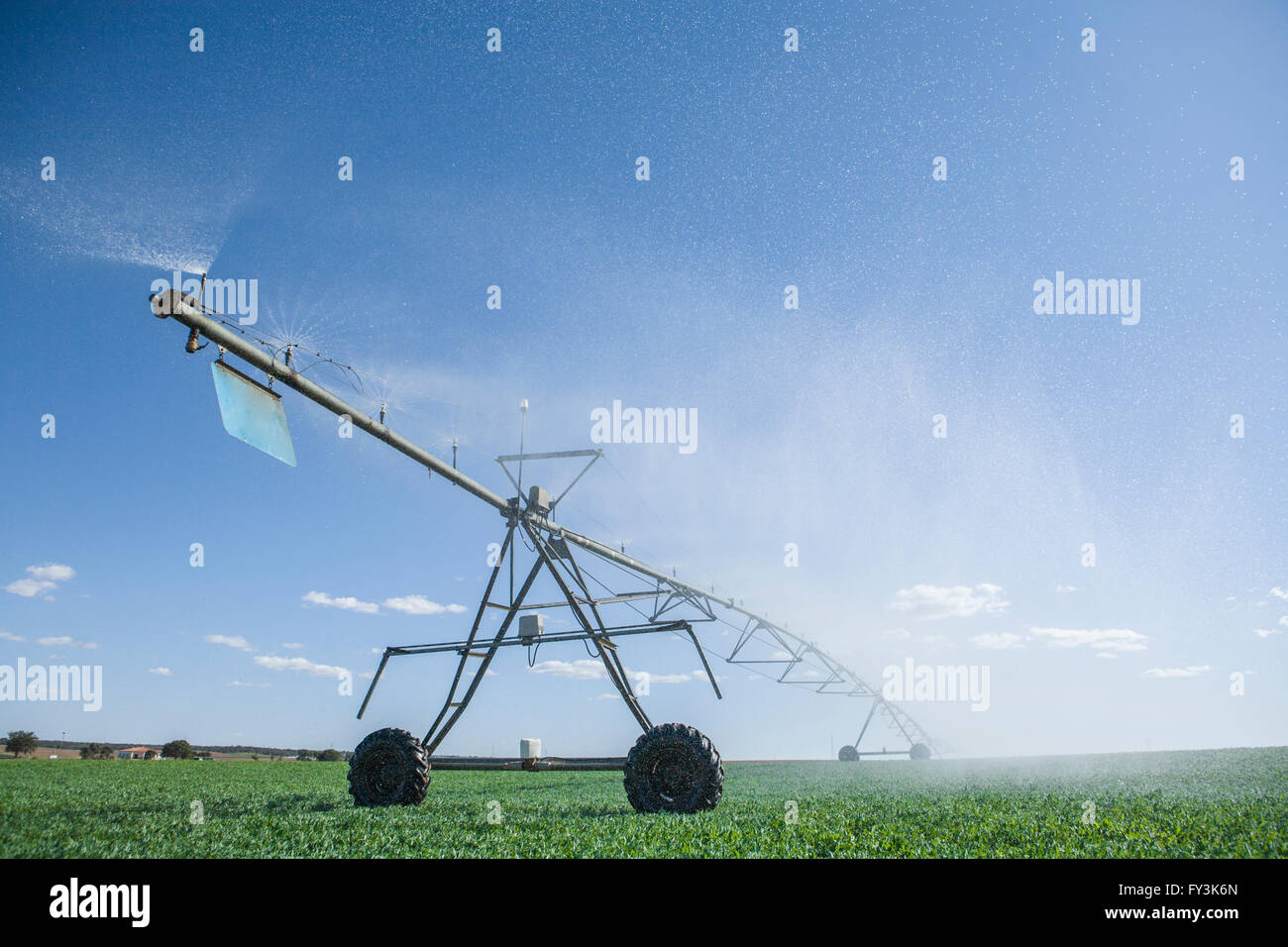 Mitte Drehpunkt Bewässerungssystem mit Sprinkler am Arbeitsplatz unter Sonnenstrahlen, Badajoz, Spanien Stockfoto