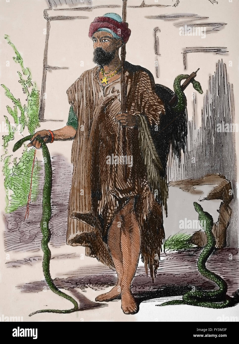 Asien. Indien. Die Schlange ist charmant. Kupferstich, 19. Jahrhundert. Farbe. Stockfoto