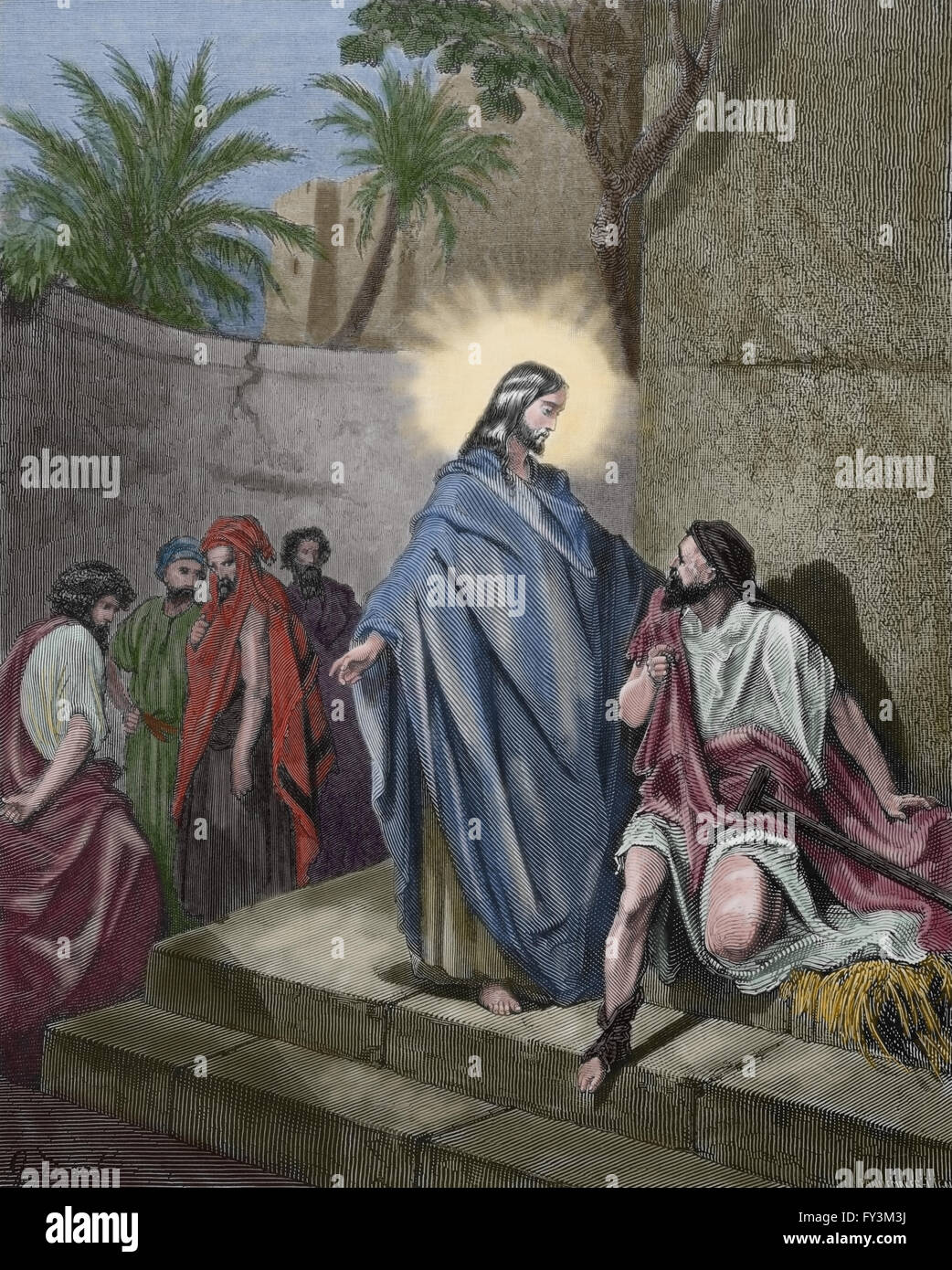 Neuen Testaments. Der dumme Mann heilte Jesus besaß (Matthäus 12,22). Stich von Gustave Dore. Farbe. Stockfoto