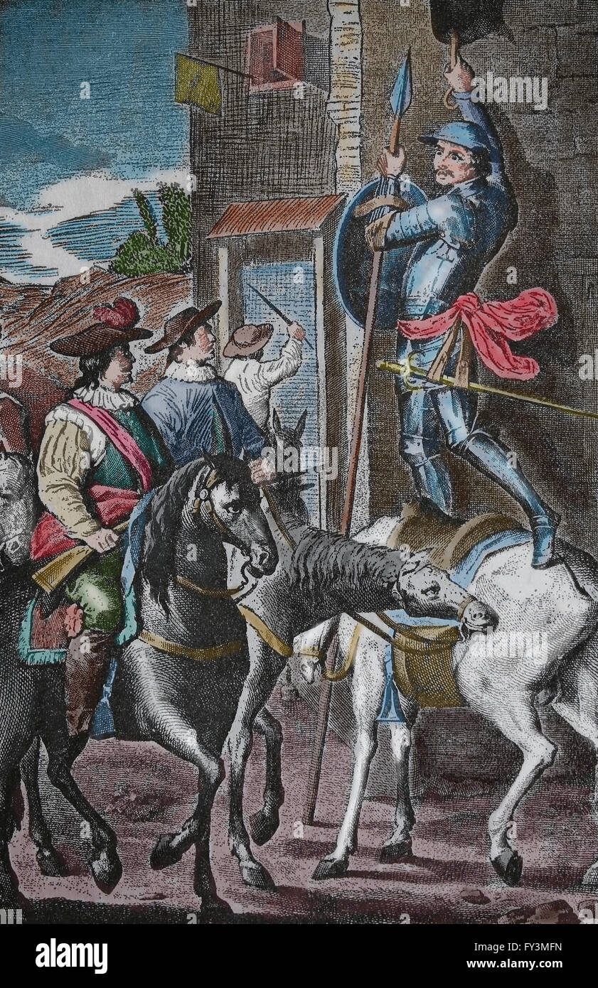 Miguel de Cervantes (1547-1616). Don Quijote. Gravur: Don Quijote zum Fenster durch den Unfug der Maritornes.19th Cent gebunden Stockfoto