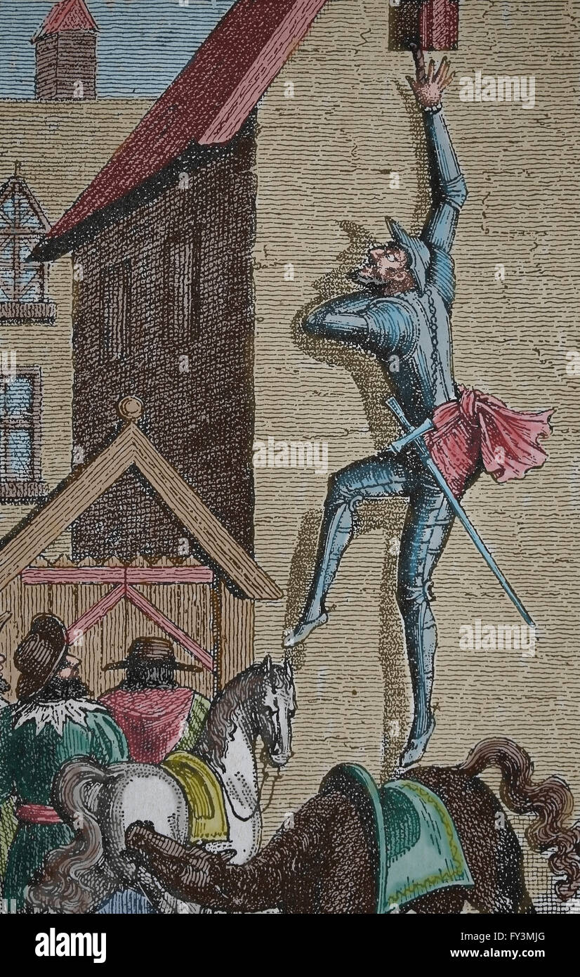 Miguel de Cervantes (1547-1616). Don Quijote. Gravur: Don Quijote zum Fenster durch den Unfug der Maritornes.19th Cent gebunden Stockfoto