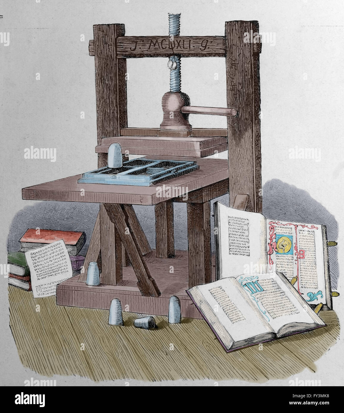 Gutenberg-Presse drucken. Europa. Kupferstich von Ilustracion Artistica, 1885. Farbe. Stockfoto