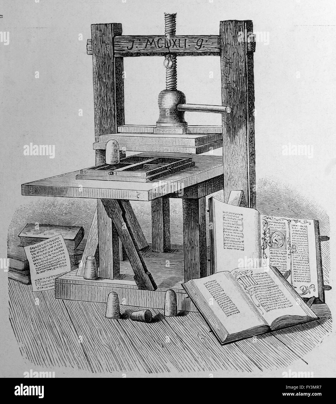 Gutenberg-Presse drucken. Europa. Kupferstich von Ilustracion Artistica, 1885. Stockfoto