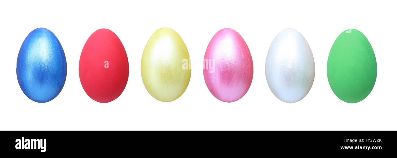 sechs Farben der Ostereier isoliert auf weißem Hintergrund, Handmade Design glücklich Ostersonntag gemalt. Stockfoto