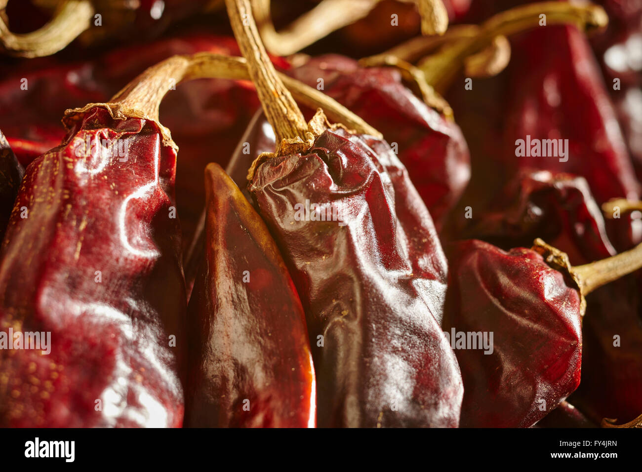 Getrocknete rote New Mexico Chile Hülsen. Auch genannt Anaheim Chilies. Stockfoto