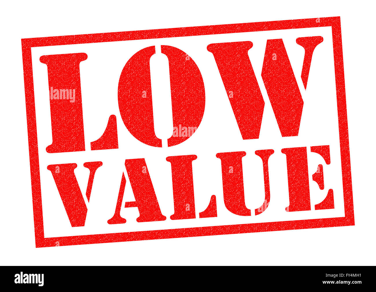 LOW VALUE roten Stempel auf einem weißen Hintergrund. Stockfoto