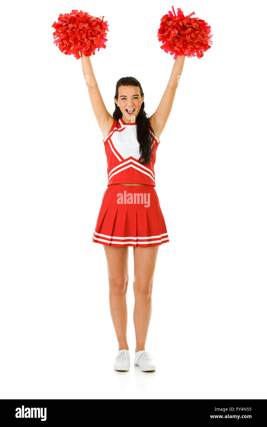 Süße Frau wie eine amerikanische Sportarten Cheerleader in roten und weißen Outfit.  Isoliert auf weißem Hintergrund. Stockfoto